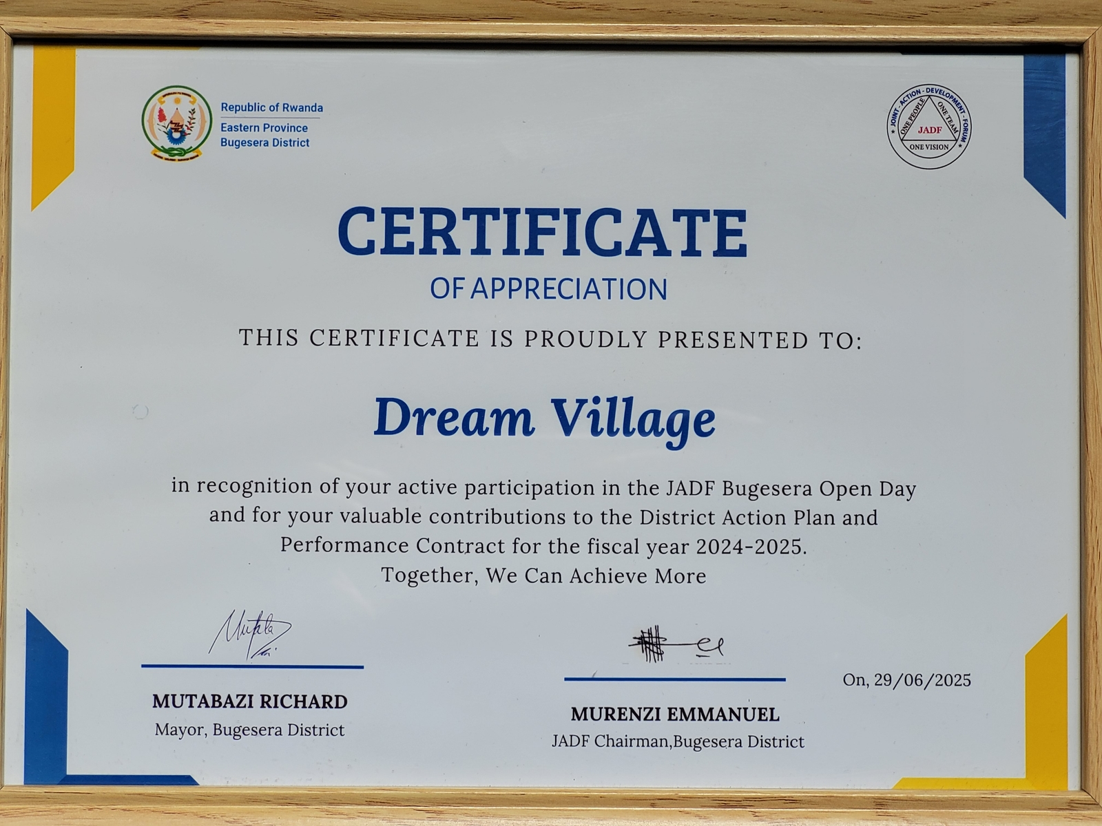 Dream Village Certificate Easteren Province