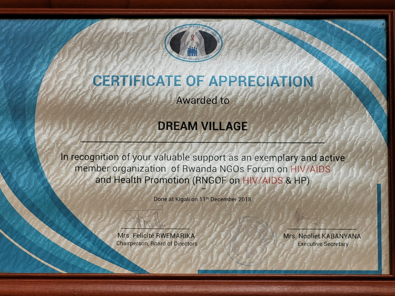 Dream Village Certificate Nwanda NGO Forum for HIV and AIDS