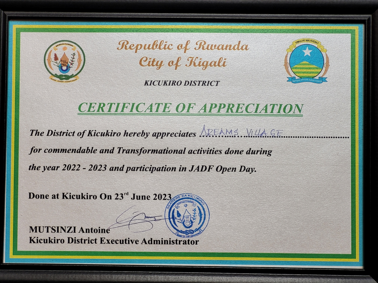 Dream Village Certificate Republic of Rwanda Kigali City ()